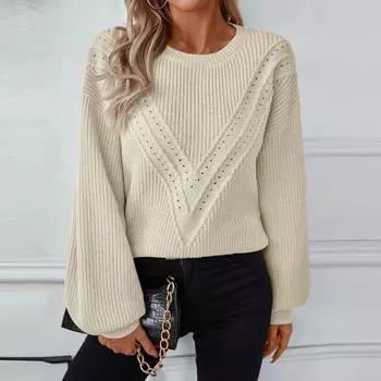 Женские вязаные свитера с круглым вырезом и длинным рукавом, свободный свитер, винтажный трикотаж на осень-зиму L бежевый