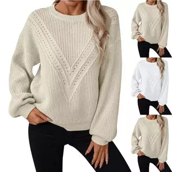 Женские вязаные свитера с круглым вырезом и длинным рукавом, свободный свитер, винтажный трикотаж на осень-зиму L бежевый