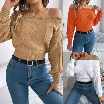 Женские вязаные свитера с открытыми плечами, пуловеры с длинными рукавами, объемные вязанные свитера, джемперы, облегающие трикотажные топы из цельного хлопка S белый
