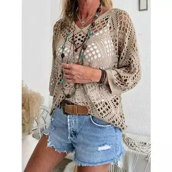 Женские вязаные свитера, женские, ажурные, тонкие, пуловеры, модные, с рукавами-фонариками, защита от солнца, свободный топ S белый