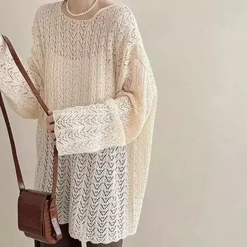 Женские вязаные свитера, женский ажурный тонкий пуловер, модный свободный топ с рукавами-фонариками, защита от солнца, женский халат one size белый