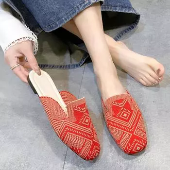 Женские вязаные тапочки на плоской подошве с принтом 2024 года, стильные летние повседневные босоножки с открытой пяткой, тапочки Mujer Zapatos, стильные и удобные 35 красный