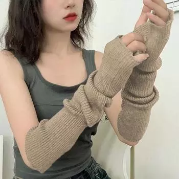 Женские вязаные теплые рукава, длинные теплые рукава, перчатки без пальцев с отверстием для большого пальца, зимние теплые перчатки выше локтя чёрный