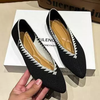 Женские вязаные топсайдеры на плоской подошве, мягкие черные, белые, разноцветные повседневные туфли без шнуровки, балетки на плоской подошве с острым носком, большие размеры 43 36 чёрный