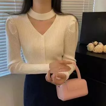 Женские вязаные топы, осень-зима 2023, свитер с пышными рукавами, корейский модный кардиган с лямкой на шее и v-образным вырезом, одежда 28990 One Size абрикосовый