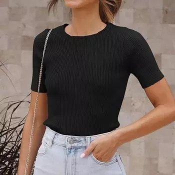 Женские вязаные топы с круглым вырезом и короткими рукавами, облегающая футболка в рубчик, однотонная вязаная базовая футболка, уличная одежда M хаки