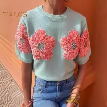 Женские вязаные топы с круглым вырезом и коротким рукавом, летний свитер с 3D цветочным декором, эластичная вязаная футболка, повседневная одежда S розовый