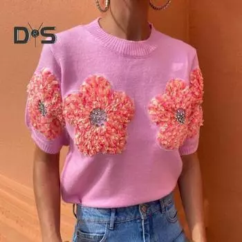 Женские вязаные топы с круглым вырезом и коротким рукавом, летний свитер с 3D цветочным декором, эластичная вязаная футболка, повседневная одежда S розовый