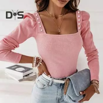 Женские вязаные топы с квадратным воротником, пышные пуловеры с длинными рукавами, топы с декором из искусственного жемчуга, эластичная блузка, уличная одежда M небесно-голубой