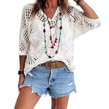 Женские вязаные топы с V-образным вырезом, рукавом 3/4, ажурным вязаным узором, пуловеры, однотонные, свободного кроя, накидки M белый