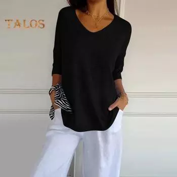 Женские вязаные топы с v-образным вырезом и рукавами 3/4, повседневный свитер, однотонный свободный крой, вязаные нижние топы средней длины 2XL чёрный