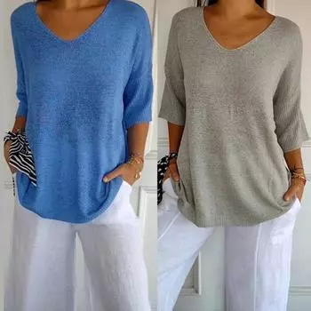 Женские вязаные топы с v-образным вырезом и рукавами 3/4, повседневный свитер, однотонный свободный крой, вязаные нижние топы средней длины S чёрный