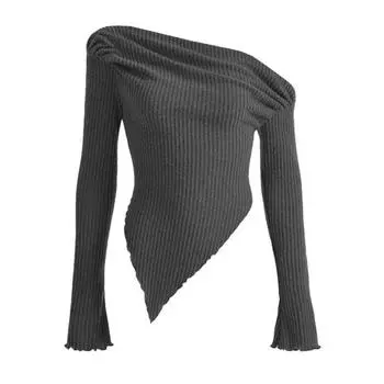 Женские вязаные топы, сексуальный пуловер с наклонным воротником на плечах и нерегулярным подолом, однотонная блузка в рубчик L темно-серого