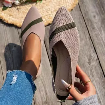 Женские вязаные туфли большого размера 36-43 с плоской подошвой, с острым носком, дышащие, новые, с мягкой подошвой, с неглубоким горлом, плоские туфли для женщин 36 дубильная кора