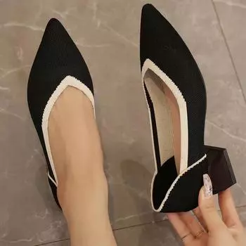 Женские вязаные туфли с заостренным носком и средним каблуком на толстом каблуке 2024 года, модные новые туфли для ходьбы, трендовое платье Mujer Zapatos 35 чёрный
