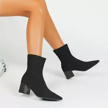 Женские вязаные зимние ботинки большого размера с острым носком, повседневные короткие, на толстой подошве, мягкие, эластичные, ботинки Martin, рыцарские туфли 34-43 34 чёрный