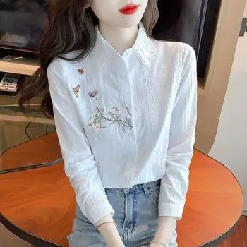 Женские вышитые блузки весна-осень рубашки повседневные длинные рукава отложной воротник однотонные блузы топы 2XL белый