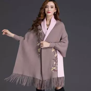 Женские вышитые кардиганы, зимний свитер, женский осенний повседневный женский вязаный свитер с длинными рукавами и кисточками, свободный One Size чёрный