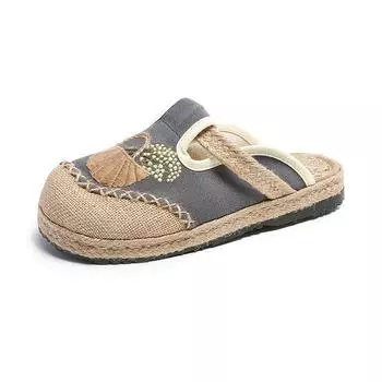 Женские вышитые туфли в этническом стиле можно носить на улице, тапочки на плоской подошве, женские одинарные туфли с льняной подошвой 35 серый