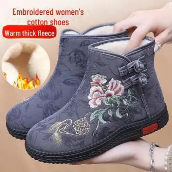Женские вышитые зимние ботильоны - теплая бархатная подкладка, хлопковая обувь в китайском стиле для мамы 41 серый