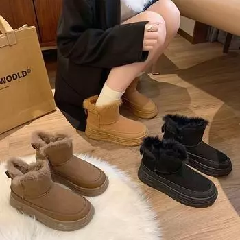 Женские высокие бархатные зимние ботинки 2024 года — теплая повседневная обувь в корейском стиле на толстой подошве (XFH566) 39 чёрный