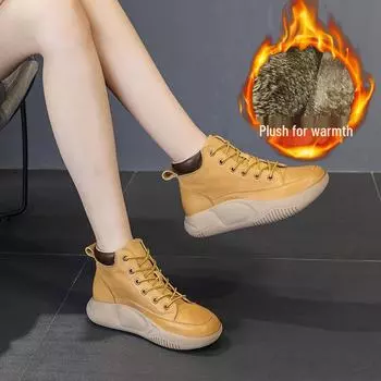 Женские высокие белые кожаные кроссовки - повседневные ботинки из коровьей кожи на толстой подошве на осень/зиму 36