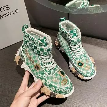 Женские высокие белые кроссовки с принтом, модные ботинки со стразами для леди, сетчатые дышащие вулканизированные высококачественные теннисные туфли 35 белый