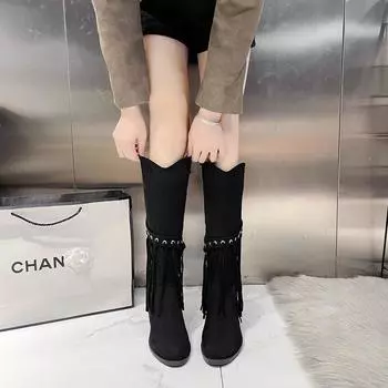 Женские высокие ботинки Chelsea 2025 года, новинка зимы, гладиаторские туфли на среднем каблуке, высокие до колена, модная женская обувь в стиле панк, удобные, с острым носком, брендовые женские ботинки 35 чёрный