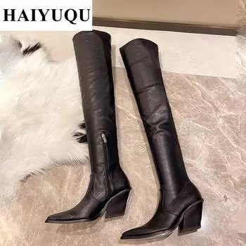Женские высокие ботинки челси на высоком каблуке, кожаные туфли, новые заостренные носки выше колена, фирменные трендовые туфли-лодочки, зимние женские ботинки 35