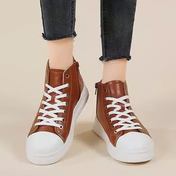 Женские высокие кроссовки, ботильоны, водонепроницаемые кожаные повседневные туфли на плоской подошве, школьные, черные, коричневые туфли EU:36 чёрный