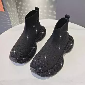 Женские высокие кроссовки европейского образца 2024 года: Эластичные трикотажные носки с толстым декором из стразов 41 темно-коричневого