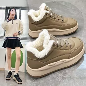 Женские высокие кроссовки из искусственной кожи на флисовой подкладке, зимние уличные противоскользящие ботильоны на толстой подошве, повседневные зимние ботинки на шнуровке с меховой подкладкой для женщин 35 чёрный
