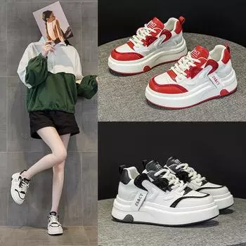 Женские высокие кроссовки из натуральной кожи 2025 года выпуска — популярная универсальная повседневная спортивная обувь на толстой подошве на осень/зиму 34 красный