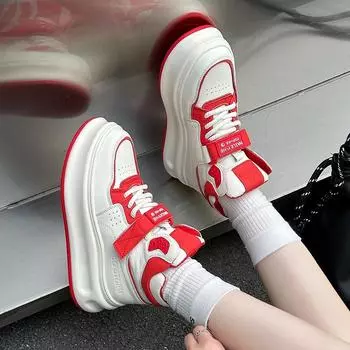 Женские высокие кроссовки из натуральной кожи на липучках с толстой подошвой — повседневная спортивная обувь, визуально увеличивающая рост, весна и осень 2025 г. 38