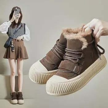 Женские высокие кроссовки, уличные зимние ботинки без шнуровки на подкладке из искусственного меха, повседневные ботильоны на шнуровке, зимняя теплая обувь, короткие женские ботинки с плюшевой подкладкой 35 коричневый