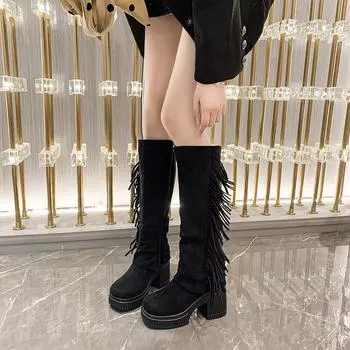 Женские высокие модные ботинки на толстом каблуке, очень высокие каблуки, квадратный каблук, дышащая замшевая женская обувь, боковая молния, обувь для отдыха на открытом воздухе 34 верблюд