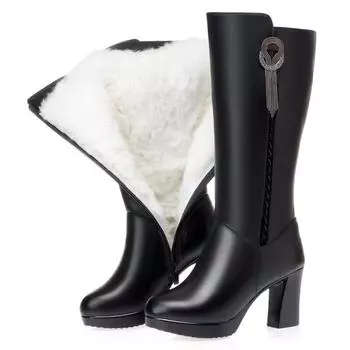 Женские высокие модные длинные зимние сапоги: Натуральная кожа, плотный бархат, высокий каблук 37