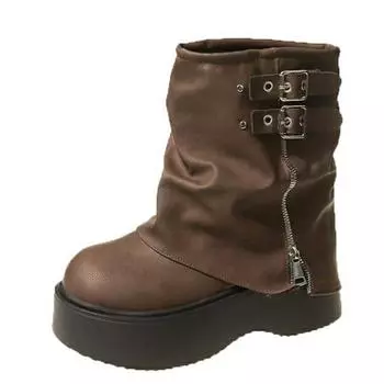 Женские высокие мотоциклетные ботинки на платформе, зимние ботинки на танкетке высотой 7 см, ботинки до середины голени, женские массивные кроссовки, осенняя кожаная обувь для женщин 35 чёрный