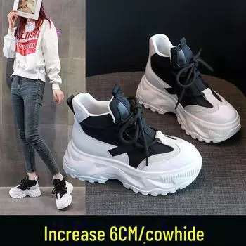 Женские высокие папины туфли на толстой подошве: Новые повседневные кроссовки из коровьей кожи на платформе в корейском стиле, осень/зима 2022 г. 37
