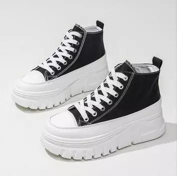 Женские высокие парусиновые туфли на шнуровке спереди на плоской подошве, модные повседневные удобные кроссовки, увеличивающие рост 35 чёрный
