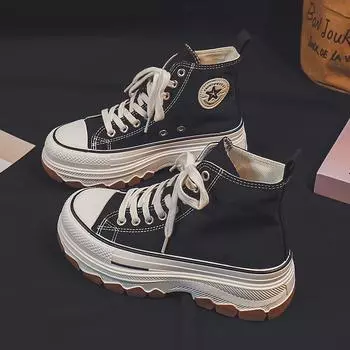 Женские высокие парусиновые туфли на толстой подошве 2024 года — модные, универсальные кроссовки (MX2802) 36 чёрный