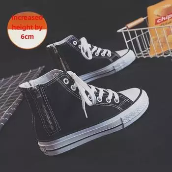 Женские высокие парусиновые туфли с боковой молнией и скрытым высоким каблуком — повседневная мода в корейском стиле на весну. 38 чёрный