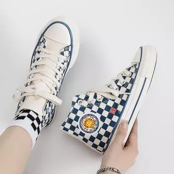 Женские высокие парусиновые туфли Уличная мода Универсальная обувь для ходьбы на плоской подошве Дизайнерская повседневная вулканизированная обувь 35