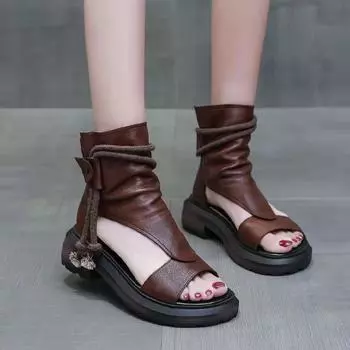 Женские высокие сандалии на платформе из искусственной кожи с застежкой-молнией, сандалии с открытым носком для женщин, повседневная дышащая модельная обувь с вырезом, летняя прогулочная обувь 35