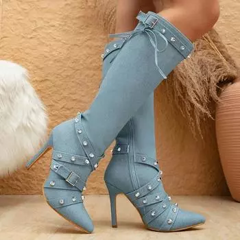 Женские высокие сапоги 2024 года, продажа новых туфель на шпильках, модный уличный дизайн, украшение заклепками, женские сексуальные остроносые мотоциклетные сапоги 36 синий