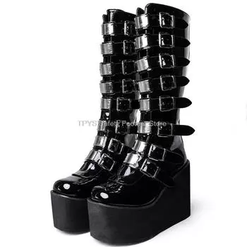 Женские высокие сапоги для косплея, осенние сапоги на платформе, рыцарские сапоги, панк-готика, высокие каблуки, сапоги до колена, женская обувь на танкетке, большие размеры 35