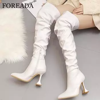 Женские высокие сапоги до бедра, высокие сапоги с острым носком, необычный стиль, плиссированная женская обувь на высоком каблуке с застежкой-молнией, зимняя модная обувь 42 35 чёрный