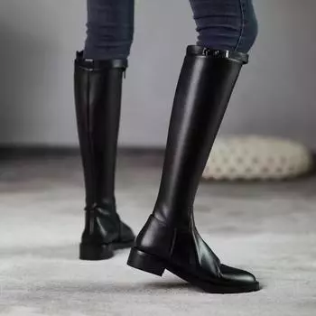 Женские высокие сапоги из черной кожи, элегантные, на низком каблуке, женские высокие сапоги до колена, байкерские, качественные, новые, рок, большие размеры, теплые 35