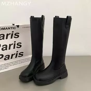 Женские высокие сапоги из кожи до колена на плоской подошве, модные тенденции 2024 года, новые ботинки «Челси», прогулочные зимние брендовые зимние мотоциклетные ботинки 35 чёрный