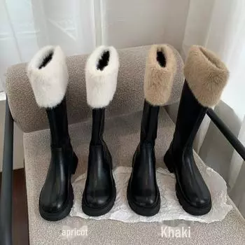 Женские высокие сапоги из молочно-белой овечьей шерсти, мягкая зимняя обувь 2024 года, выше колена для осени и зимы 35 абрикосовый света